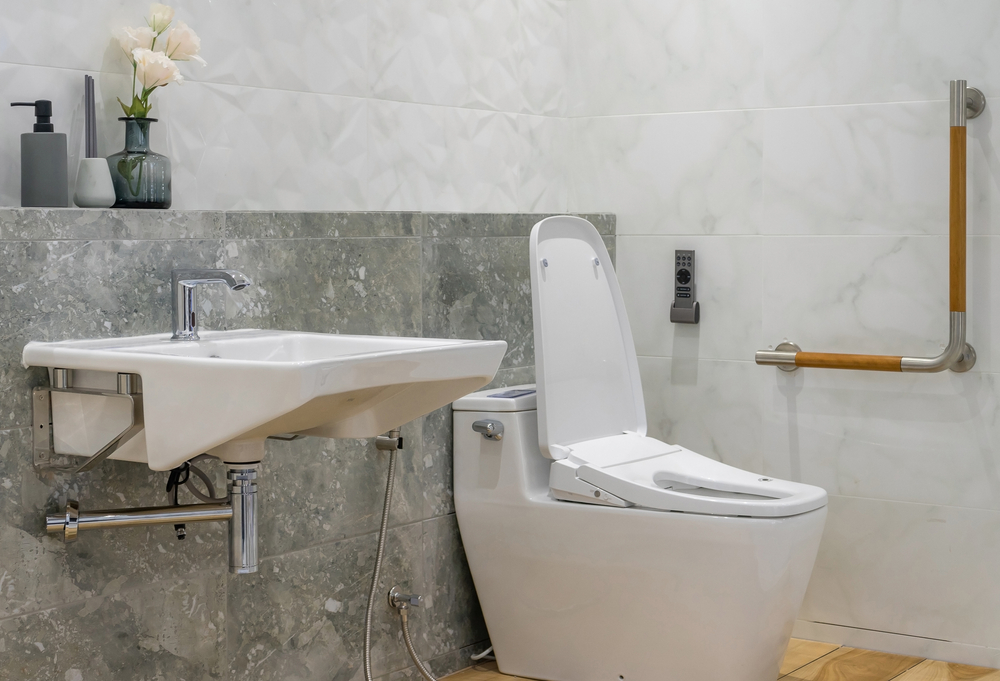 featured image showing a modern patient bathroom with natural spa like feel and touchless technology